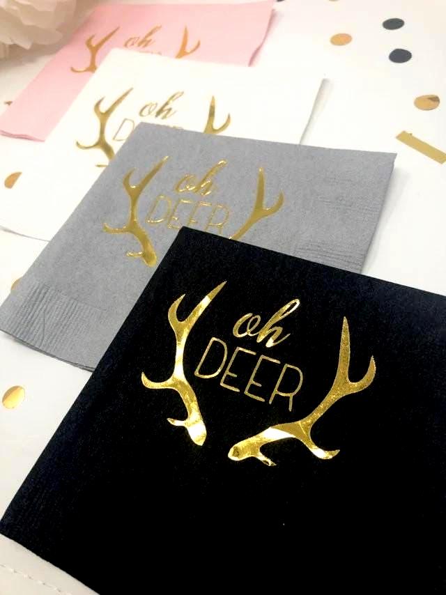 Oh Deer Cocktail Napkins with Hot Foil Stamped Antlers, Baby Shower Decor, Hunting Party Supplies, Rustic Wildlife Party, Set of 20