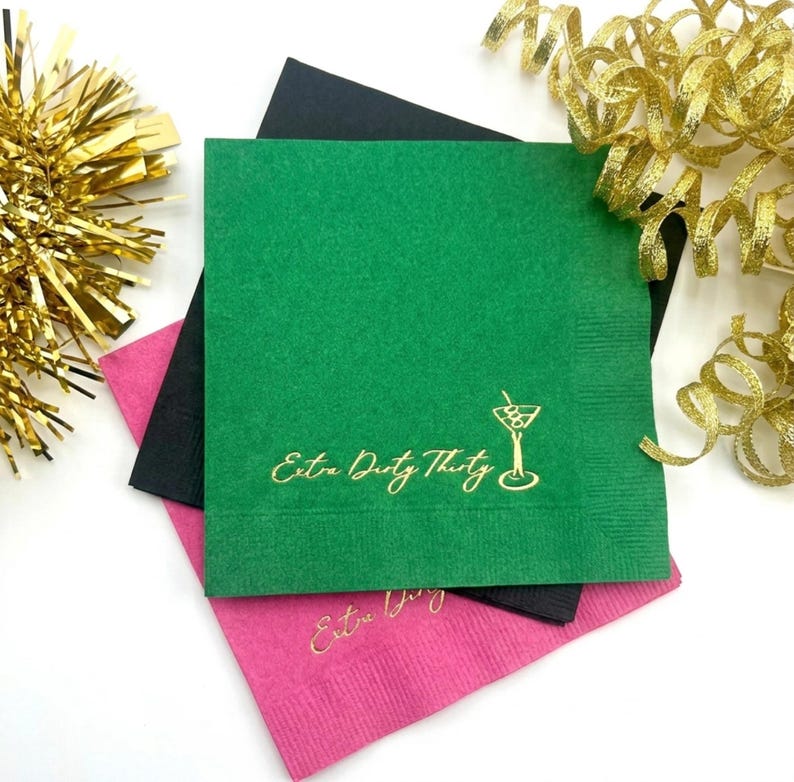Tovaglioli da cocktail con stampa a caldo "Extra Dirty Thirty" per il 30° compleanno — 11 colori, 10 opzioni di stampa a caldo immagine 6