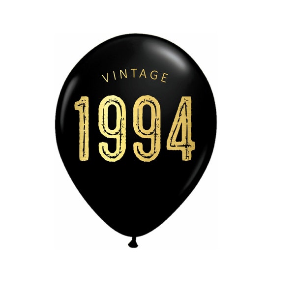 30th Birthday Balloons, Thirtieth Decorations, Vintage 1994, Black Latex Balloons with Gold Metallic Font, Backdrop, 12 inch