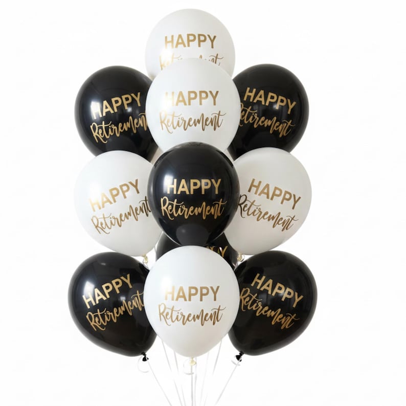 Black and White Balloons that read Happy Retirement in a gold metallic font.  Balloons are 12 inch latex.  Retirement Balloons