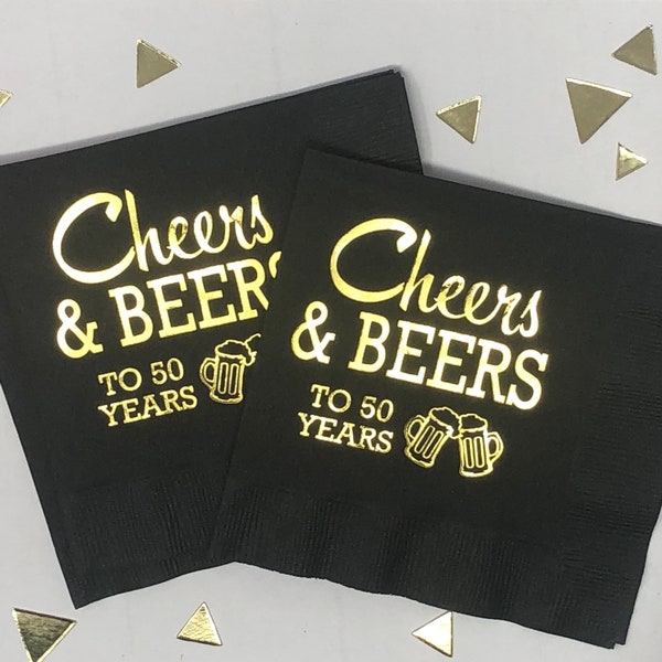 Cheers And Beers To 50 Years, 50th Birthday Napkins, 50th Birthday Decorations, 50th Birthday Party, 50th, Napkins, Black, Foil, Gold