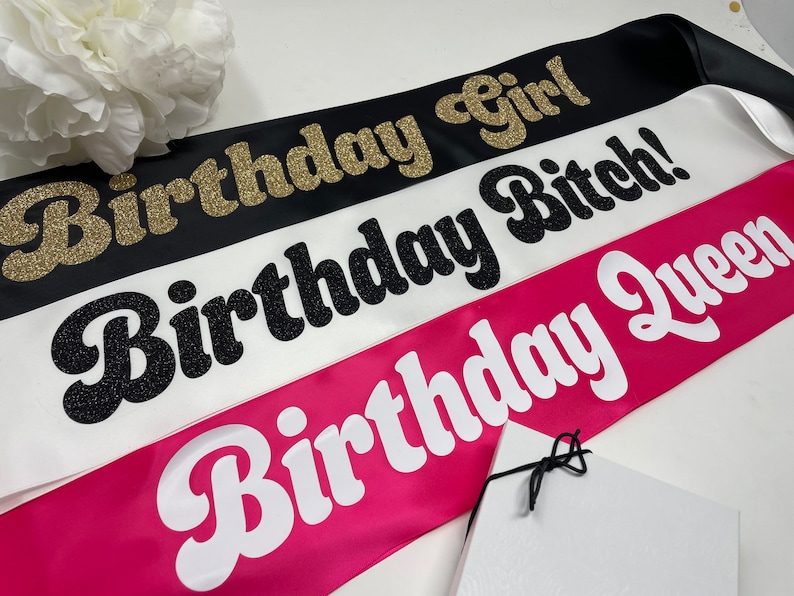 Retro Birthday Sash: 70s Font - Glitter or Solid Vinyl - Satin - Gift Box Included image 6