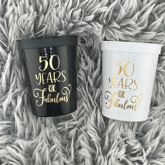 50th Birthday Cups: Black, White & Gold Party Decorations - Set of 10