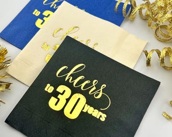 Cheers to 30 Years Foil Stamped Cocktail Napkins — 30th Birthday Anniversary Party Decor