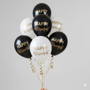 Happy Retirement Balloons - 12 Inch Latex Party Decorations - Black White Gold image 2