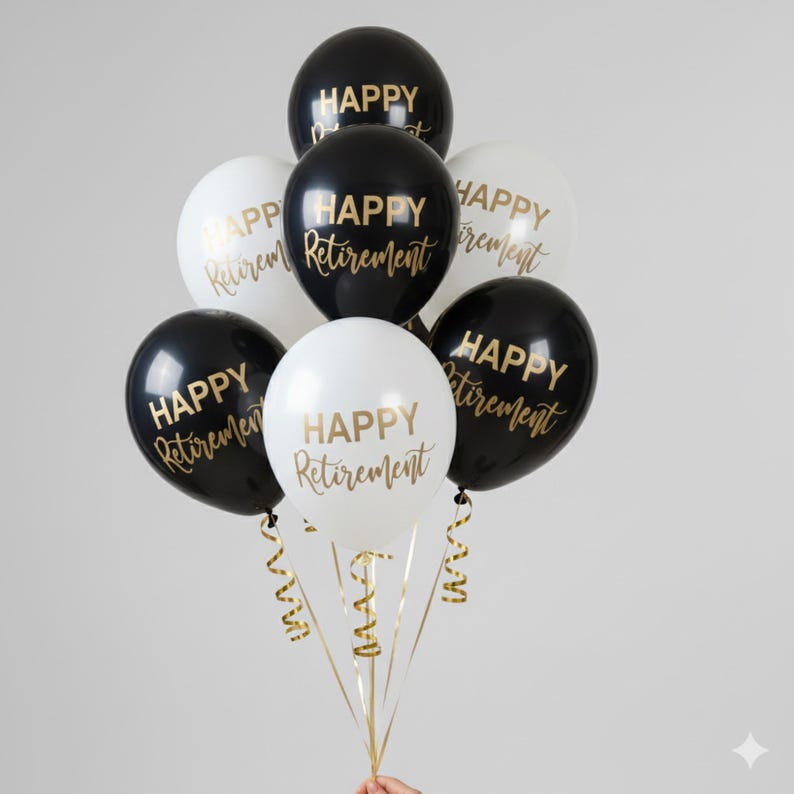 Happy Retirement Balloons - 12 Inch Latex Party Decorations - Black White Gold image 2