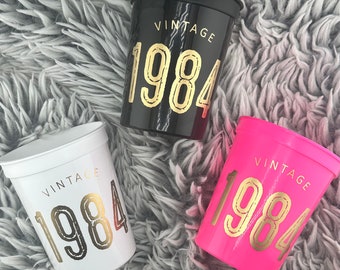 40th Birthday Cups, Vintage 1984, Black, Hot Pink, White Stadium Cups with Gold Metallic Font, 16 ounce, Sold in Sets of 10, Table Decor