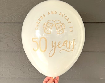 50th Birthday Balloons Cheers and Beers — Foil Stamped Milestone Party Decor