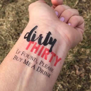 Temporary Tattoo Dirty 30 Party Favor – If Found Buy Me A Drink, Red 30th Birthday Decor & Fun Dirty Thirty Gift
