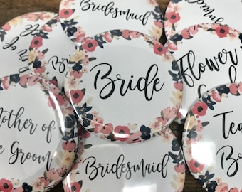 Bridal Party Pins, Wedding Party Title Pins, Name Tags, Bridal Party, Wedding Party, Pins, Buttons, Bridal Shower Pins, Floral Buttons, Navy