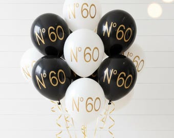 60th Birthday Balloons: Party Decor - Black or White with Gold Font