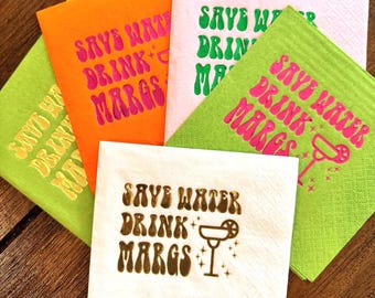 Save Water Drink Margs Foil Stamped Cocktail Napkins — Bachelorette Pool Party