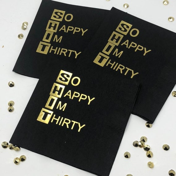 Black and Gold Napkins Cocktail Napkins Gold Foil Beverage Napkins Dirty Thirty Napkins Dirty Thirty Set of 25 White Rabbits Design 30th Birthday Party Napkins