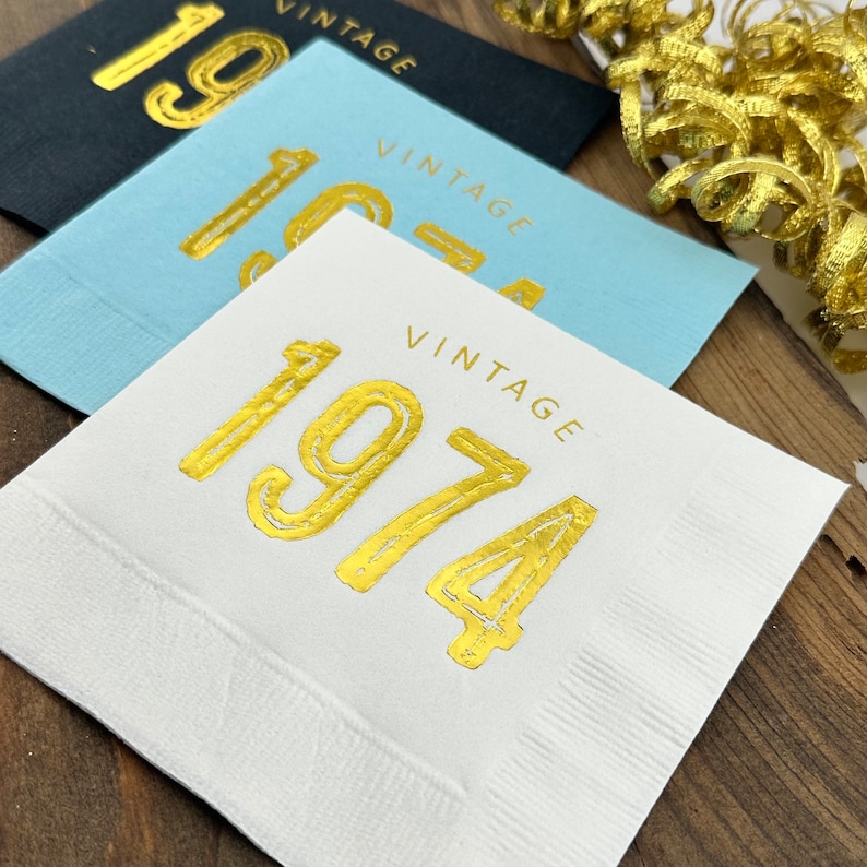 Serviettes de table 50e anniversaire, vintage 1974, décorations 50e anniversaire, serviettes cocktail cinquantième, serviettes pour boissons estampées à chaud image 8