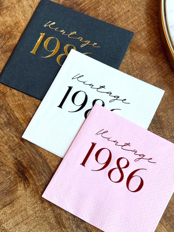 40th Birthday Napkins, Vintage 1986 Foil Stamped, 3-Ply Paper, 110 Color Options