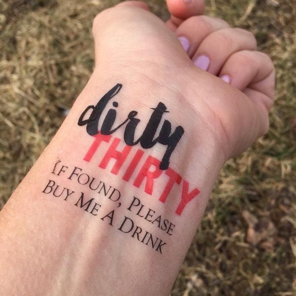 Dirty 30, Dirty Thirty, Temporary Tattoo, If Found, Buy Me A Drink, 30th Party Favor, 30th Party Decor, Fun Favor, Dirty Thirty Decor, Red
