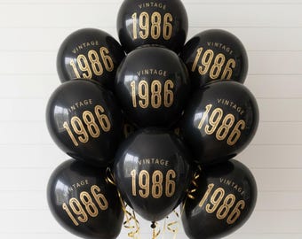 40th Birthday Balloons -  Vintage 1986 - Black and Gold - 12 inch latex - Party Decor