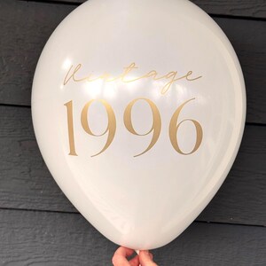 White and gold 30th Birthday balloon with gold text that reads "Vintage 1996".  Thirtieth Birthday Decorations