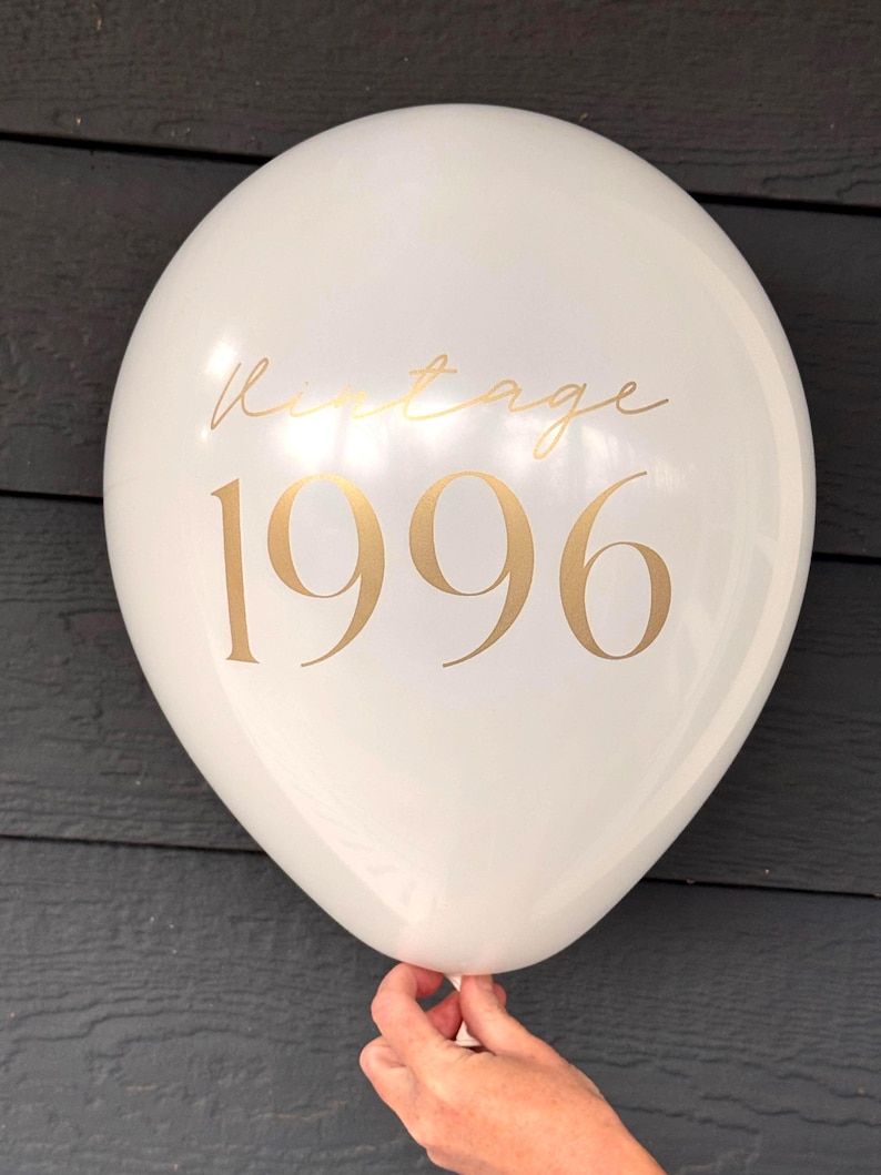 White and gold 30th Birthday balloon with gold text that reads "Vintage 1996".  Thirtieth Birthday Decorations