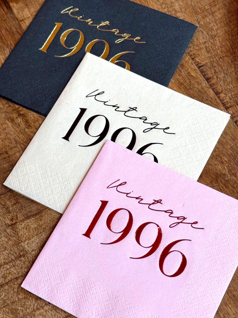 30th Birthday Cocktail Napkins.  The napkins are foil stamped and read Vintage 1996 for a 30th Milestone Celebration.  Thirtieth Party Decorations
