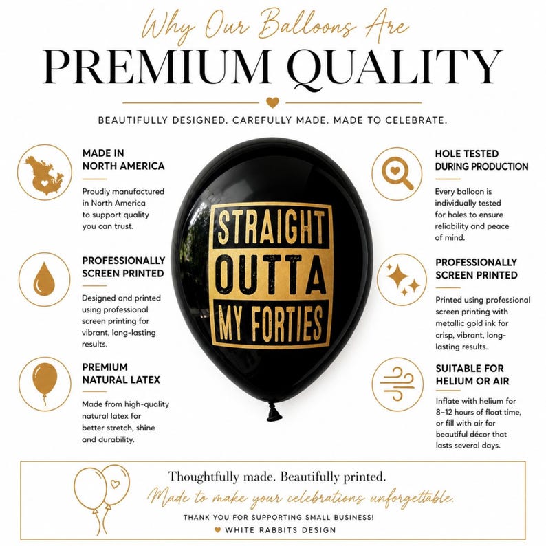 Premium quality personalized latex balloons infographic highlighting North American manufacturing, professional screen printing, hole-tested quality, durable natural latex, and balloons suitable for helium or air. Perfect for birthdays, weddings, baby showers, anniversaries, retirements, and special celebrations.