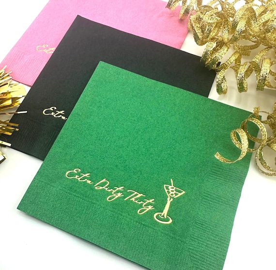 Extra Dirty Thirty Napkins: Martini Theme 30th Birthday Decor - Foil Stamped - Set of 20