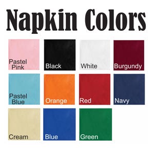 Napkin Color Chart, Pink, Black, white, Burgundy, Pastel Blue, Orange, Red, Navy, Cream, Blue, Green