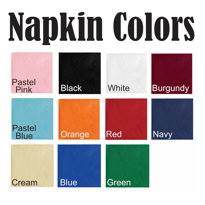 Napkin Color Chart, Pink, Black, white, Burgundy, Pastel Blue, Orange, Red, Navy, Cream, Blue, Green