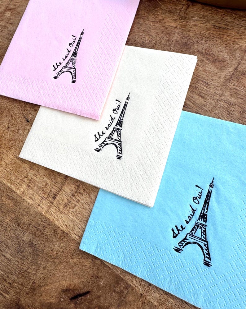 “She Said Oui” foil napkin with Eiffel Tower design for Parisian themed bridal shower