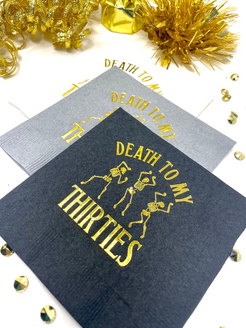 Death To My Thirties, 40th Birthday Stadium Cups, 40th Birthday Decorations, Fortieth Party Cups, Black with Gold Font, Dancing Skeletons image 3