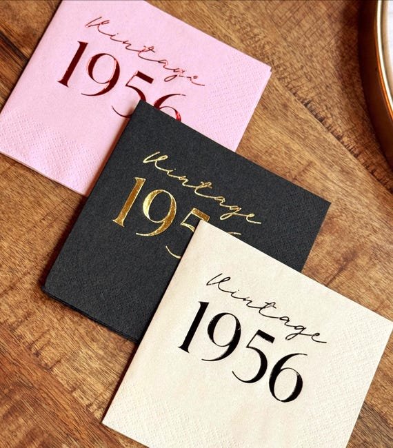 70th Birthday Vintage 1956 Foil Stamped Cocktail Napkins — 11 Colors 10 Foil Options