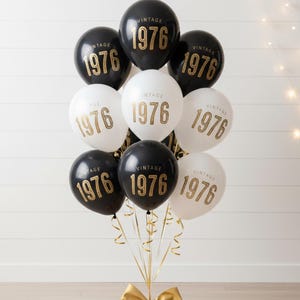 Globos de 50 cumpleaños estilo vintage de 1976 — Decoraciones de látex para fiestas de cumpleaños — Negro, azul marino, blanco Black & White