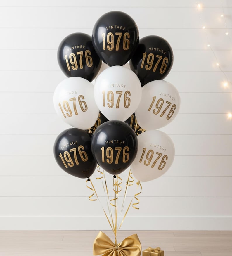 Globos de 50 cumpleaños estilo vintage de 1976 — Decoraciones de látex para fiestas de cumpleaños — Negro, azul marino, blanco Black & White