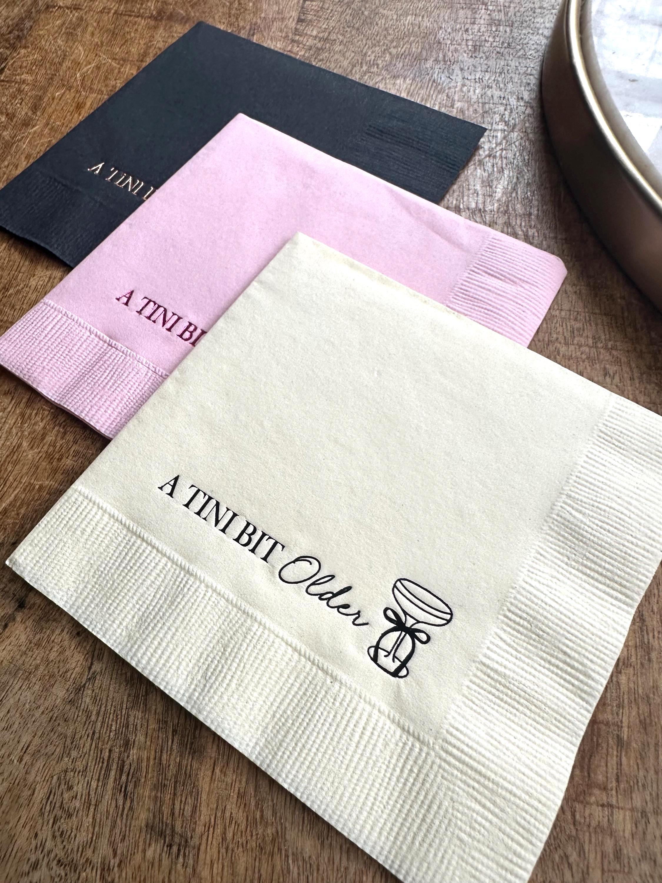A Tini Bit Older Napkins, Martini Themed Birthday Party Cocktail Napkins, Birthday Napkins, Hot Foil Stamped Beverage Napkin