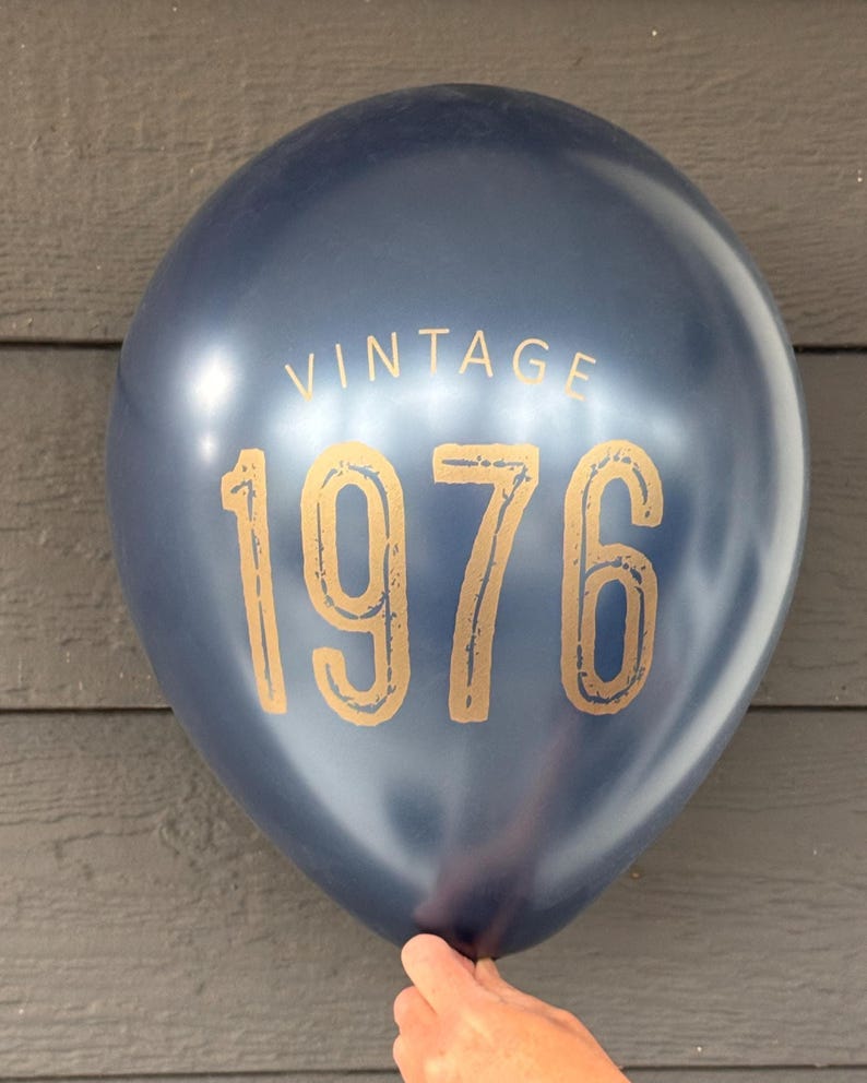 Navy 12 inch latex balloon that read Vintage 1976 in a gold metallic font.  These are for a 50th Milestone Celebration.  Birthday