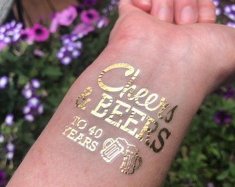 Cheers and Beers to 40 years, 40th Birthday Tattoo, 40th Birthday Favor, 40th Gag Gift, 40th Tattoo, Gold, Flash Tattoo, Fortieth Tattoo