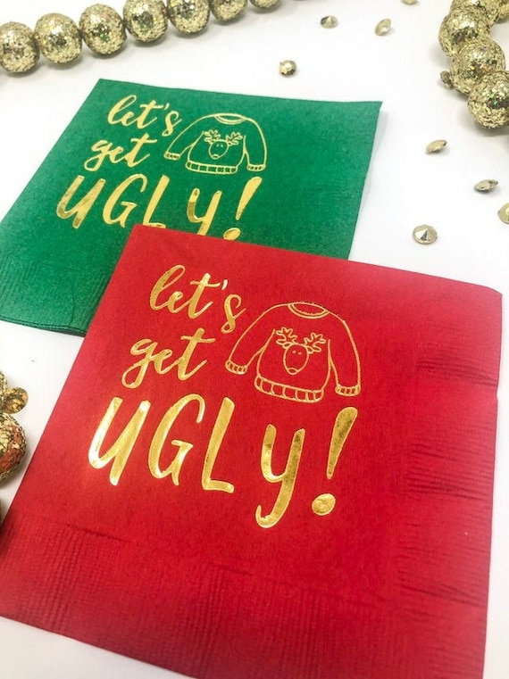 Ugly Sweater Christmas Party Napkins: Foil Stamped - Bar Decor