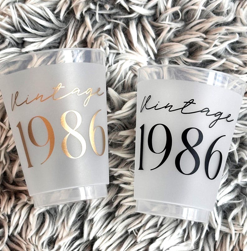 40th Birthday Cups frosted 16 ounce with the wording Vintage 1986 in a black font and a gold metallic font.  These cups are used for a 40th Milestone, Birthday Party, Anniversary, Class Reunion or any other 40th Event Celebration.