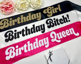 Retro Birthday Party Sash, 90's, 80's, 70's Themed Sash, Birthday Girl, Birthday Queen , Birthday Bitch Sash, Glitter Bday Sash