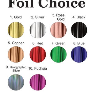 Foil color chart with ten different foil colors, including gold, silver, rose gold, black, copper, red, green, blue, holographic silver, and fuchsia.