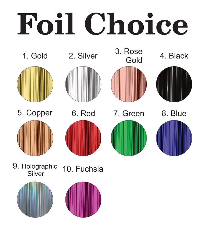 Foil color chart with ten different foil colors, including gold, silver, rose gold, black, copper, red, green, blue, holographic silver, and fuchsia.