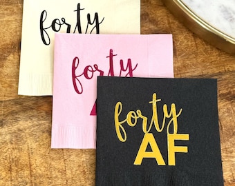 40th Birthday Napkins, Forty AF Foil Stamped Cocktail for Party Decorations