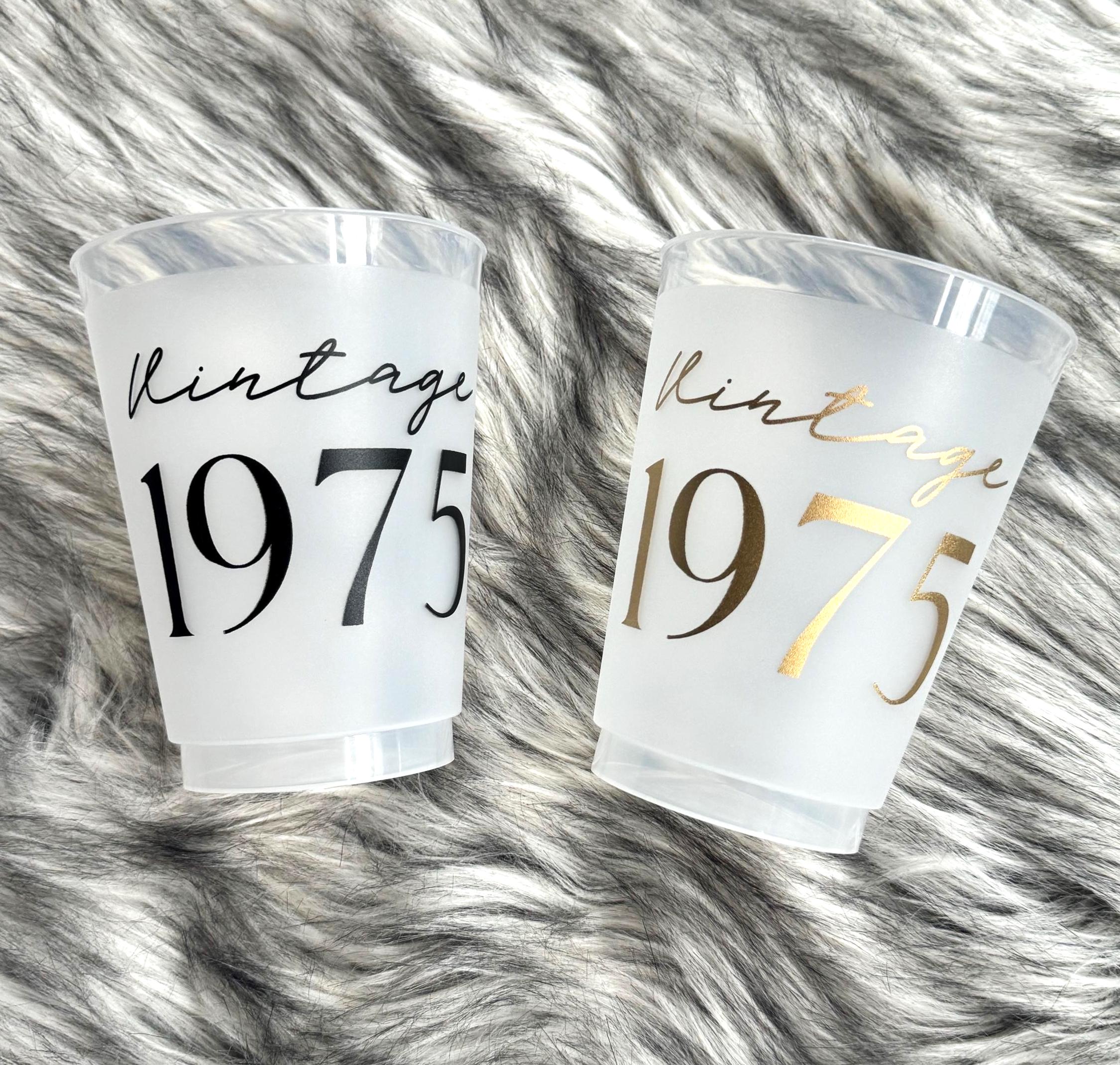 Vintage 1975 50th Birthday Cups | 16 oz Frosted Party Drinkware Set of 8 | Gold or Black Ink | Milestone Celebration Table Decor & Supplies