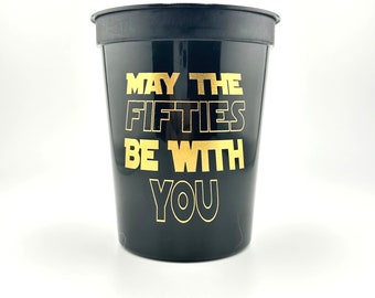 50th Birthday Party Cups: Star Wars Theme, Gold Print, Set of 10, 16 oz