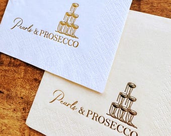 Cocktailservietten mit Perlen- und Prosecco-Motiv – 12,7 x 12,7 cm, 3-lagig, heißfoliengeprägt