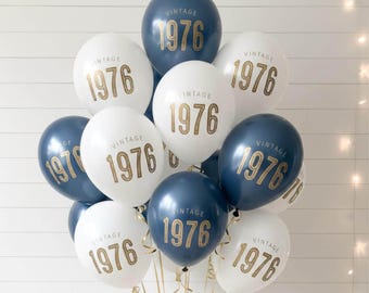50th Birthday Balloons - Vintage 1976 — Latex Milestone Party Decorations — Black Navy White