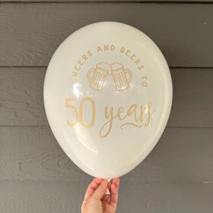 50th Birthday Balloon Cheers and Beers to 50 Years, 12 Inch Latex Balloons White or Black with Gold Font, Milestone Celebration Decorations