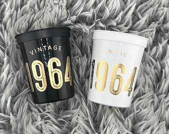 60th Birthday Cups, Vintage 1964, 60th Birthday Decoration, Sixtieth Plastic Stadium Cups, Black , White with Gold Font, Table Decor, 16 oz