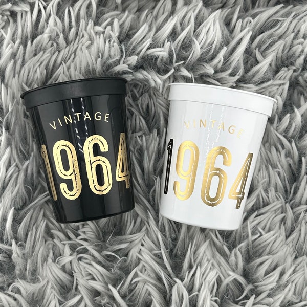60th Birthday Cups, Vintage 1964, 60th Birthday Decoration, Sixtieth Plastic Stadium Cups, Black , White with Gold Font, Table Decor, 16 oz