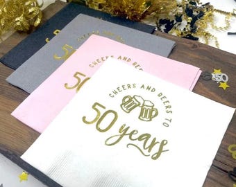 Cheers & Beers 50th Birthday Napkins: Foil-Stamped Party Decor